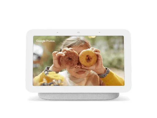 Google Nest Hub second-generation consumer hardware; illustrative display, not a verified Volara guest-room screen