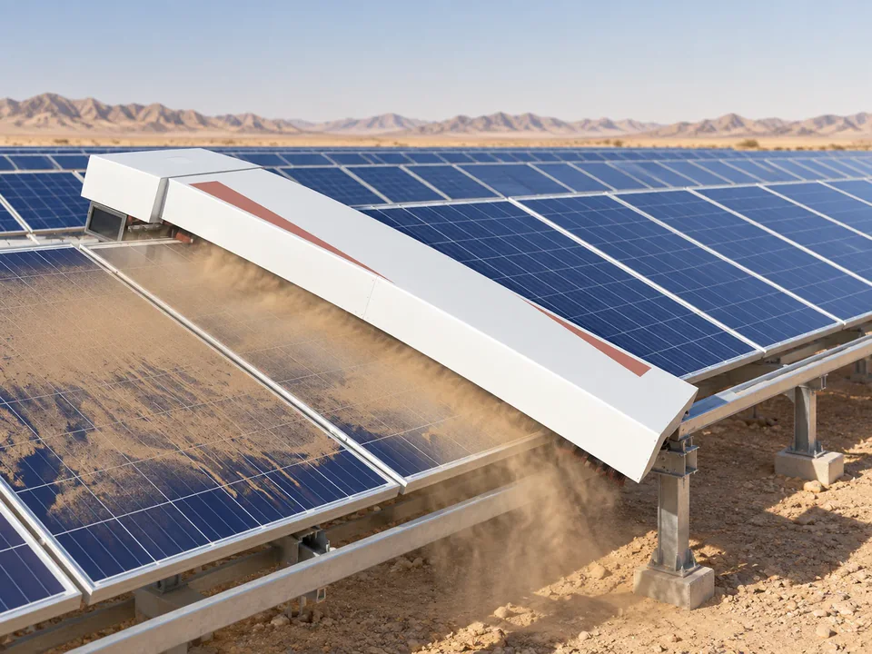 NOMADD Fixed-Tilt Solar Cleaning System — waterless desert cleaning