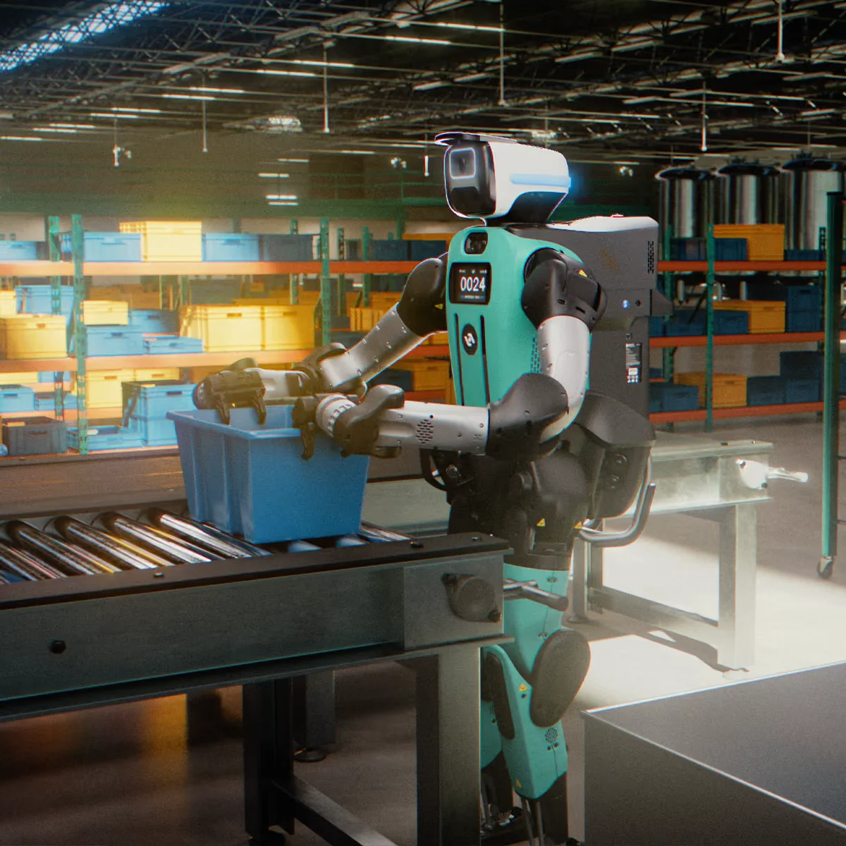 Digit handling a blue tote at a warehouse conveyor.