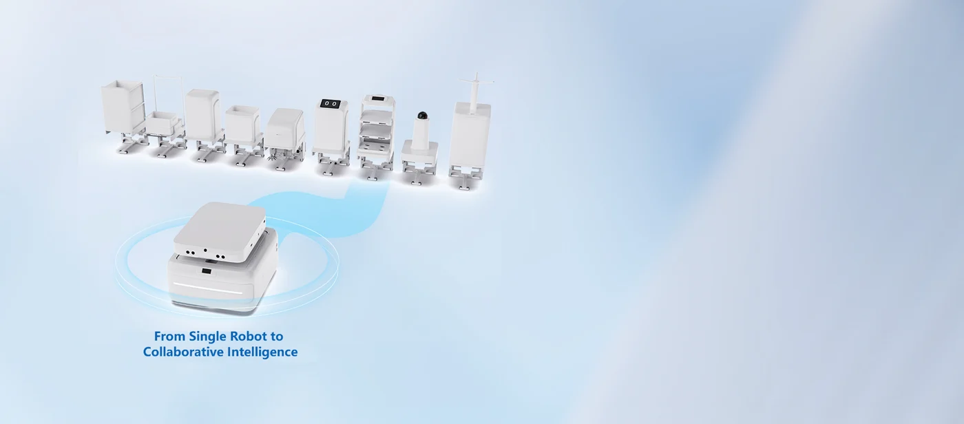 UP mobile base with a lineup of upper-body modules/configurations.