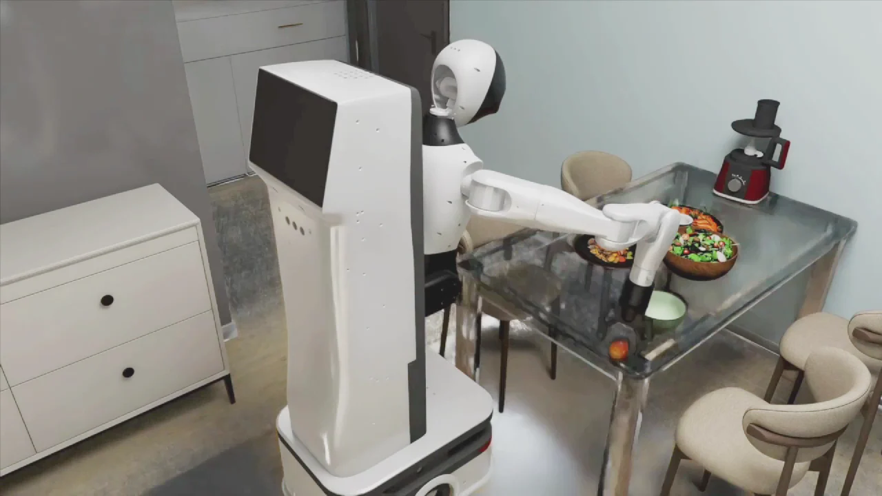 Mobile dual-arm robot handling food/object props at a table.