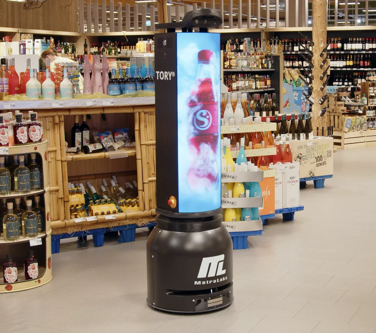 Retail robot with customer-facing display moving among product shelves