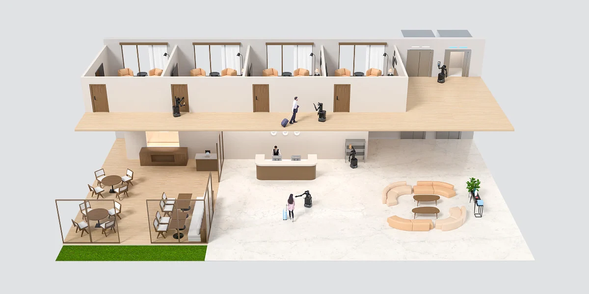 Service workflows across hotel rooms, corridors and shared areas.