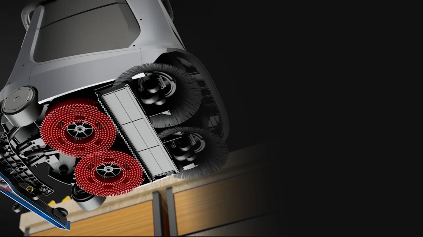 Gausium Marvel underside showing sweeping and scrubbing assemblies