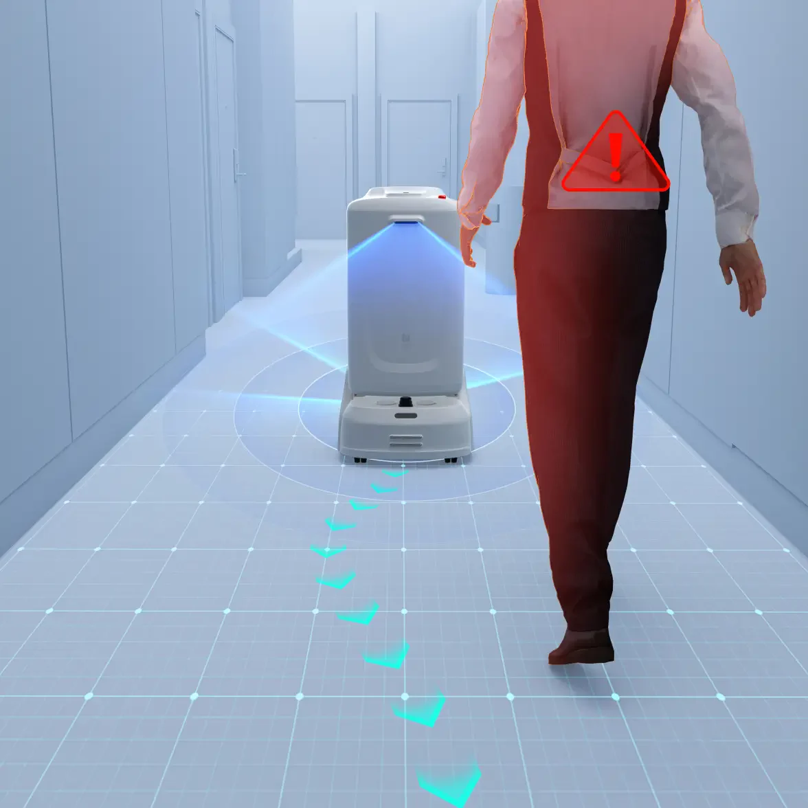 PUDU FlashBot Max detecting a pedestrian in a corridor