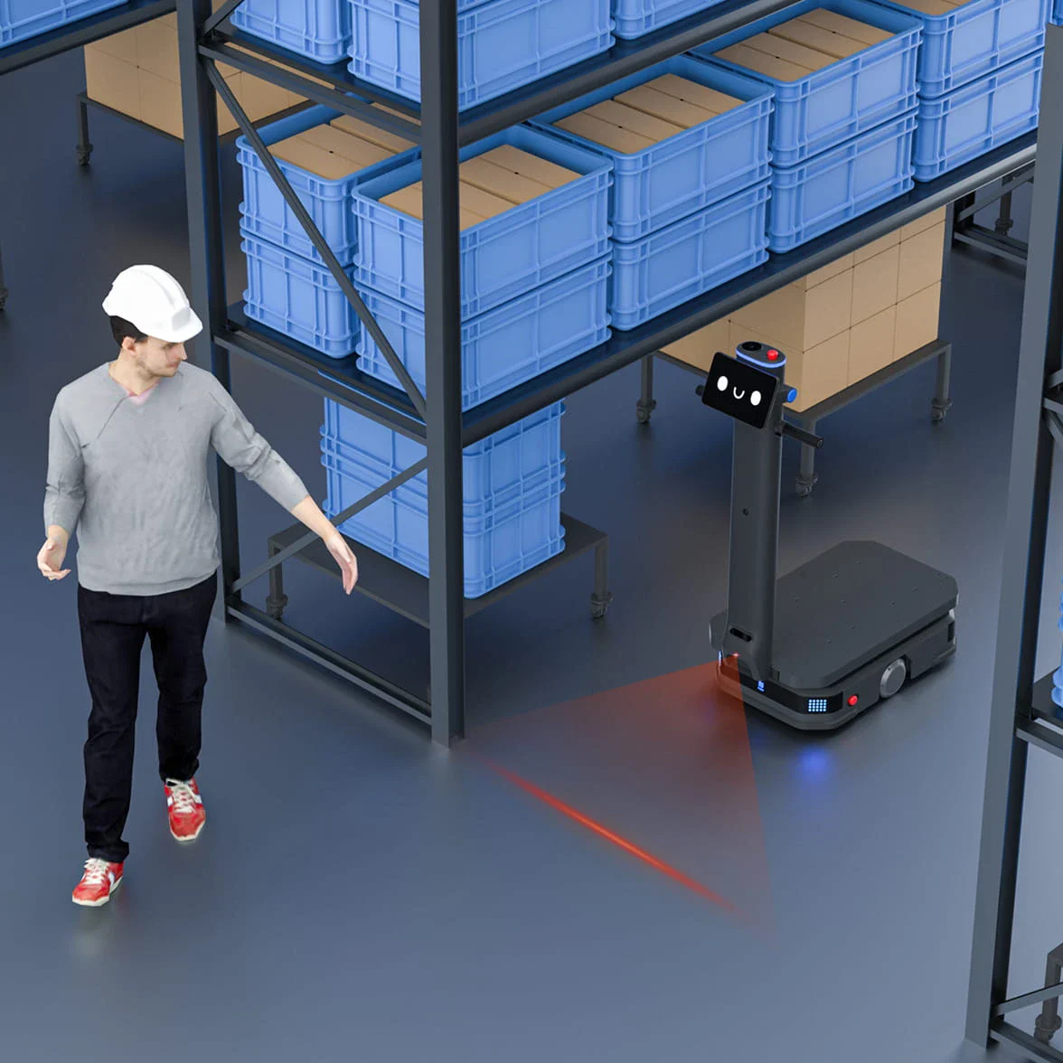 Projected floor signals communicate the robot's intended movement to nearby people.