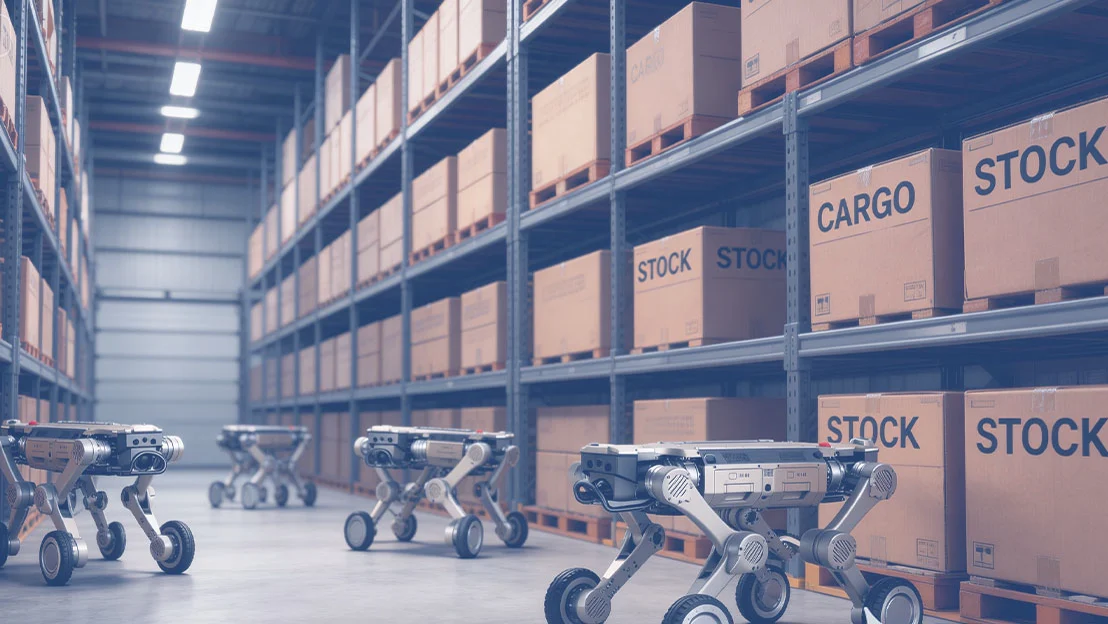 Several quadrupeds carrying loads in a warehouse setting.