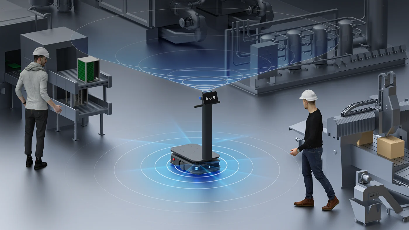 Combined visual and LiDAR navigation through a shared industrial workspace.