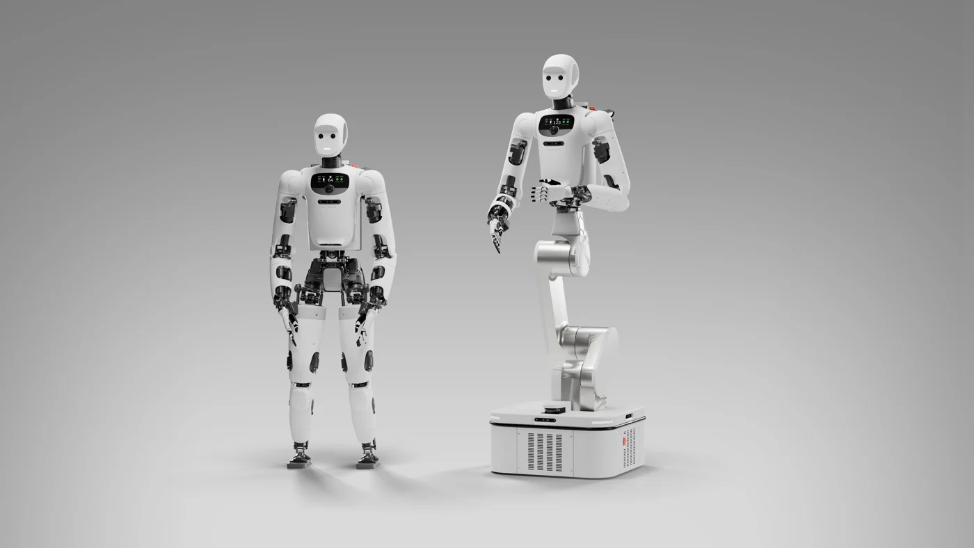 Apollo 2 shown with both bipedal and wheeled bases against a neutral studio background.