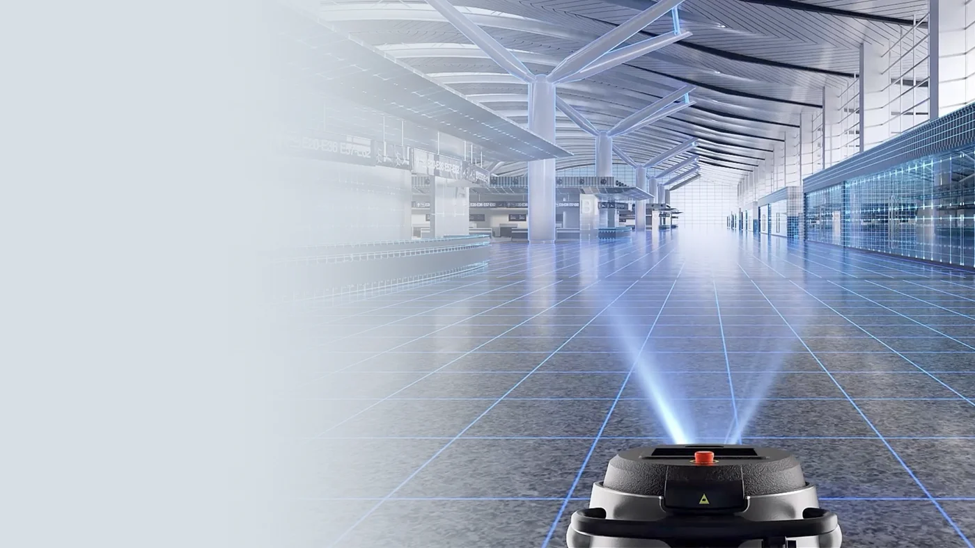 Gausium Omnie mapping a public concourse with 3D LiDAR