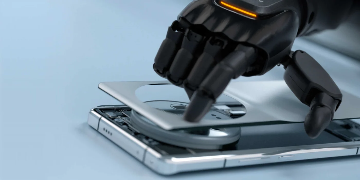 Close-up of robotic fingers positioning an electronic device component.
