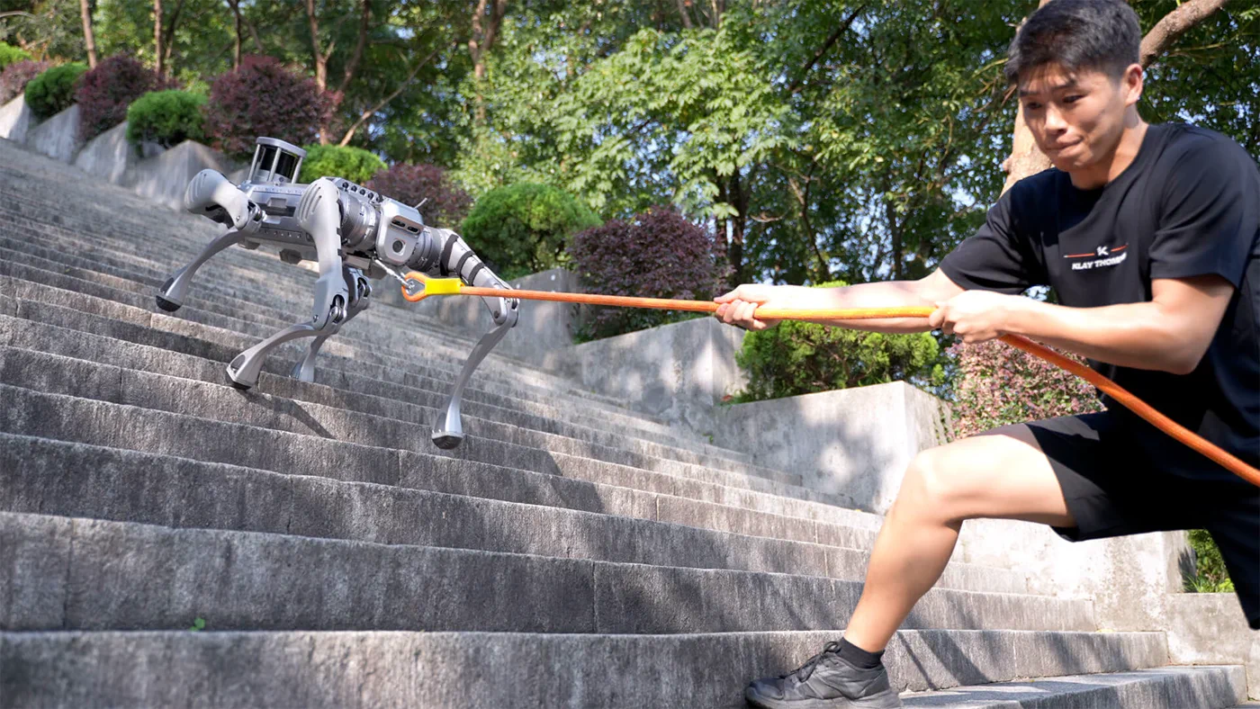 Stair-climbing/resistance demonstration: B2 on outdoor steps while a person pulls a tether.