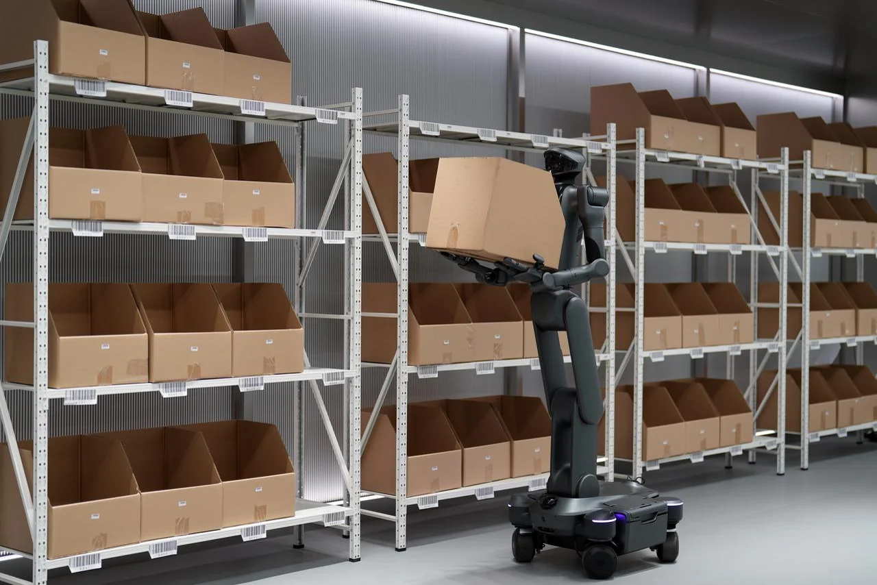 PUDU D7 industrial generation introduced in 2026, handling a carton