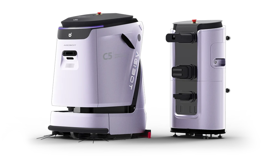 C5 cleaning robot beside its resupply/charging station.