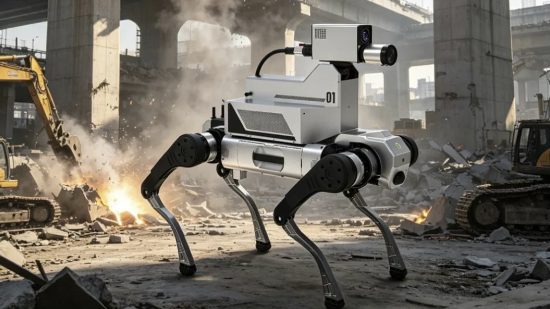 Quadruped with a mounted payload in a damaged-building/heavy-work scene.