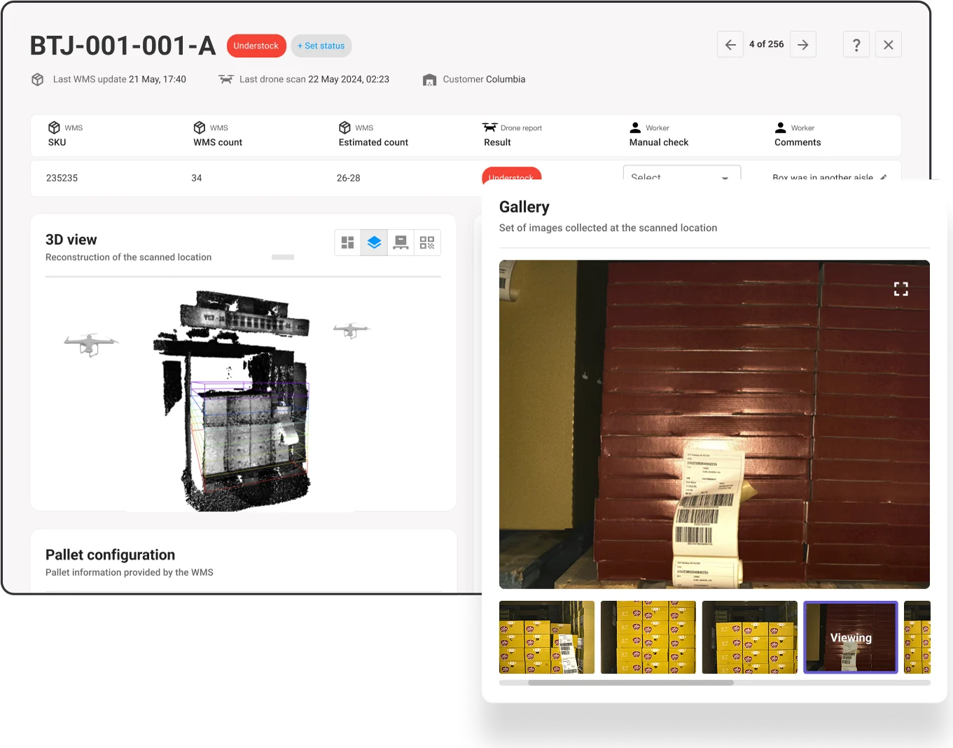 Inventory exception review with drone-captured pallet imagery