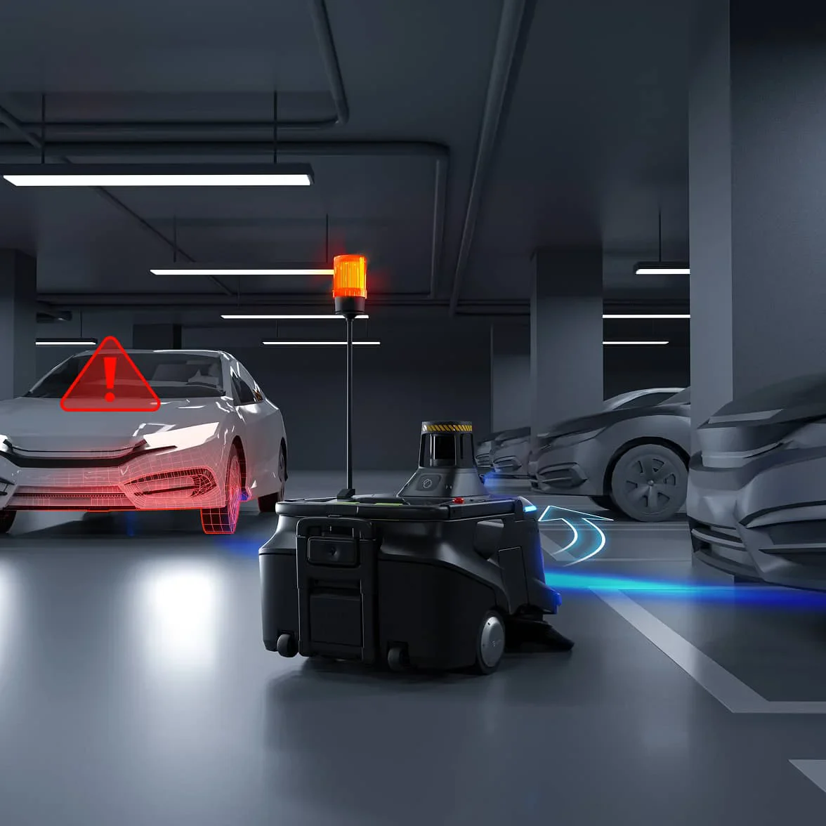 PUDU MT1 Max sensing vehicles in a parking garage
