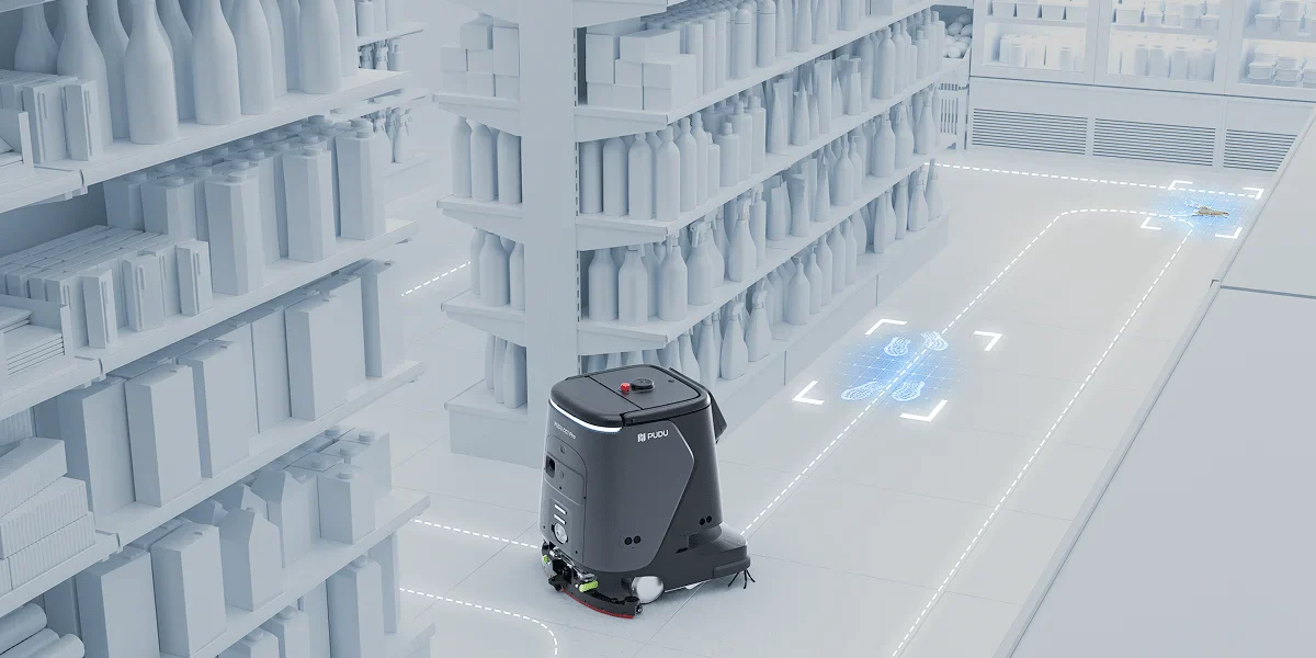 PUDU CC1 Pro detecting a wet stain in a retail aisle