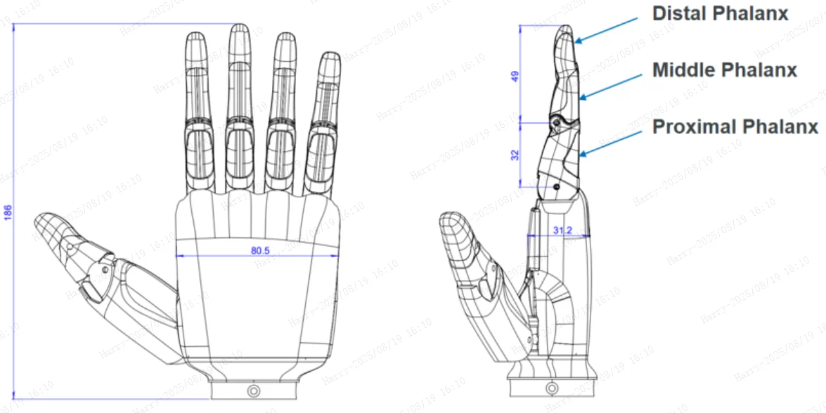 Front and side engineering views of the GR-1 dexterous hand with joint and dimensional annotations.