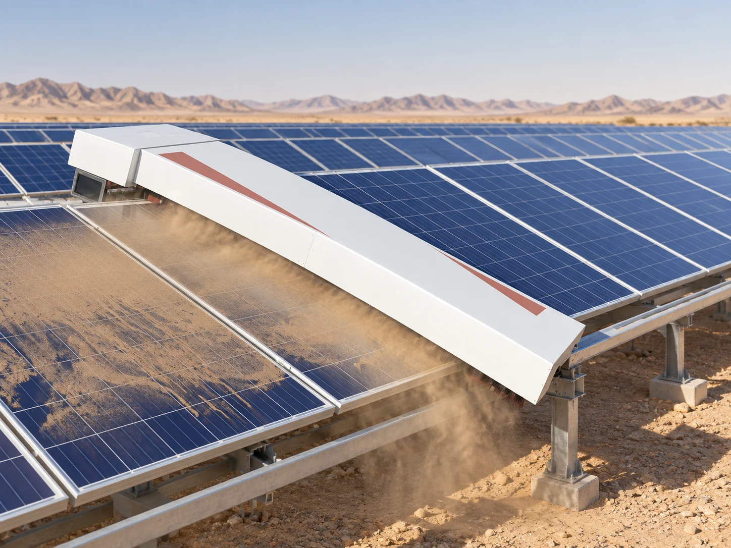 Waterless robotic cleaning system operating across a fixed-tilt solar array