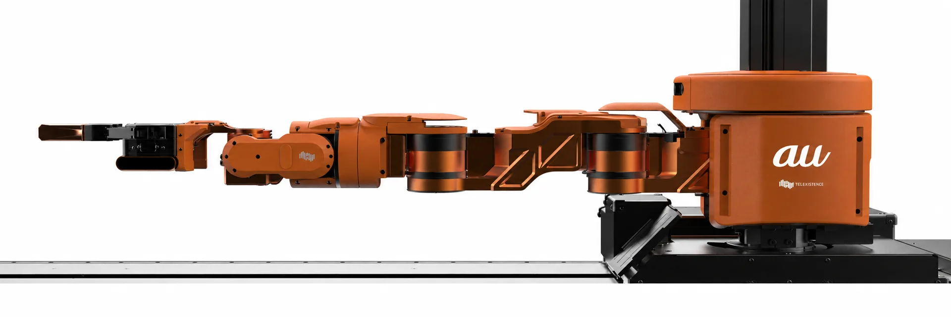 Telexistence TX Ghost orange replenishment robot, complete extended arm and gripper on installation rails.